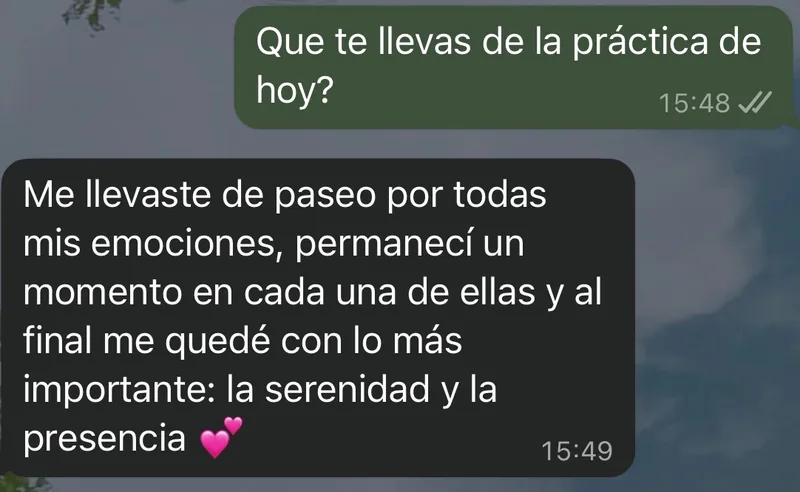 Mensaje de WhatsApp: la práctica la llevó de paseo por todas sus emociones, hasta la serenidad y la presencia